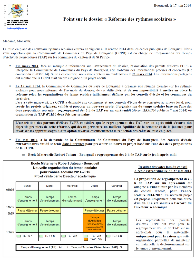 Le GPC soutient la démarche du passage à 1 SAMEDI Rythme scolaire