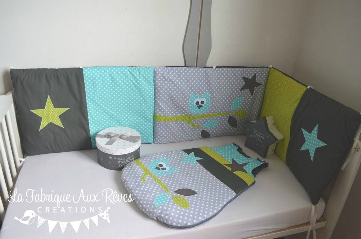 Tour lit et gigoteuse hibou étoiles turquoise caraïbe vert anis ...