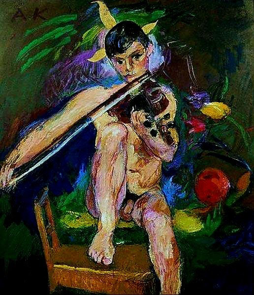 Anton Kolig Seated Boy Playing The Violin Dans Les Diagonales