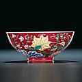 A Pair Of Ruby Ground Famille Rose Medallion Bowls Daoguang Seal Marks