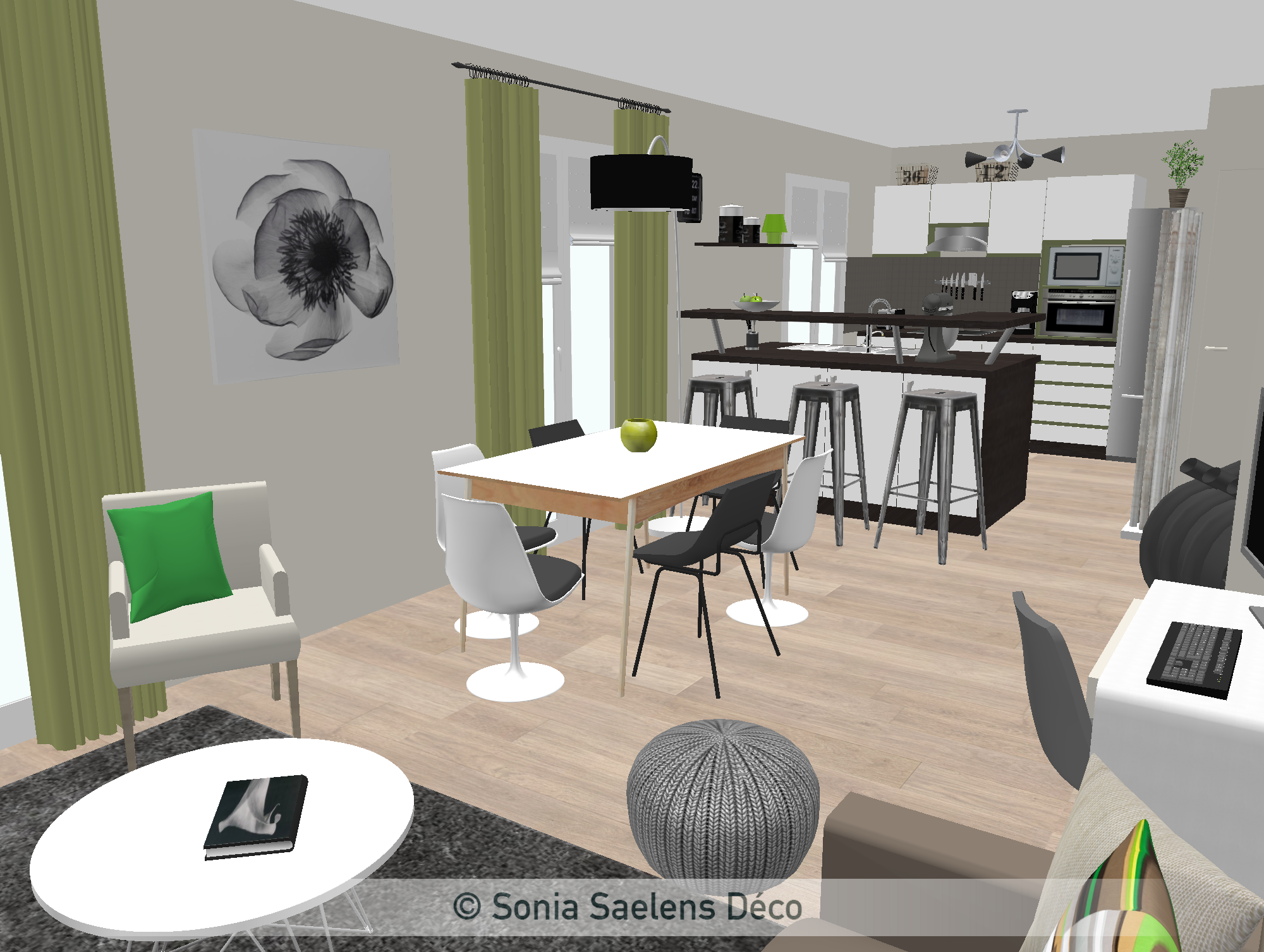 Projet client: une pièce à vivre en vert et gris sonia saelens déco