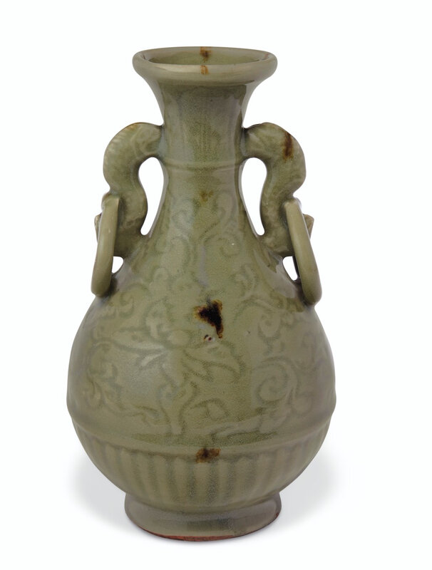 An iron-spot-decorated Longquan celadon pear-shaped vase, Yuan-Early Ming dynasty, 14th-15th century 