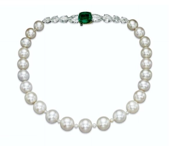 A magnificent and rare natural pearl, emerald and diamond necklace ...