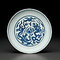 A blue and white 'Dragon' dish, Jiajing six-character mark in underglaze blue within a double circle and of the period (1522-1566)