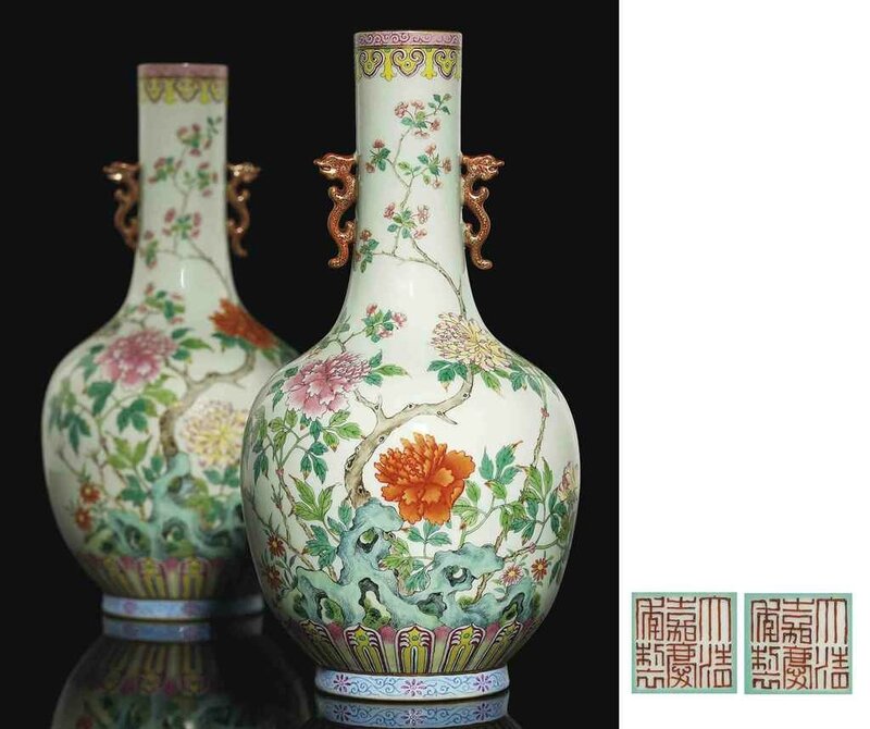 A superb pair of famille rose vases, Jiaqing iron-red six-character seal marks and of the period (1796-1820)