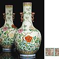 A superb pair of famille rose vases, jiaqing iron-red six-character seal marks and of the period (1796-1820)