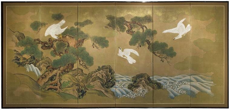 Six panel Japanese byobu (Screen with birds), mid 19th century