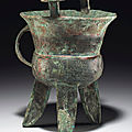 A bronze ritual tripod wine vessel, jia, late shang dynasty, 12th-11th century bc