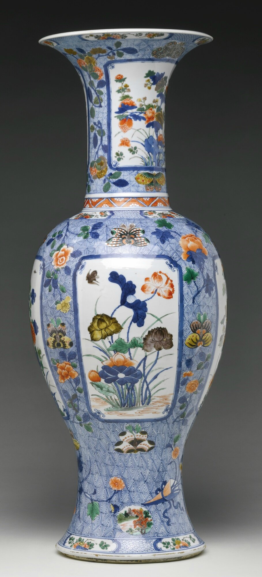 A rare and large underglaze blue and famille-verte baluster vase, Qing ...