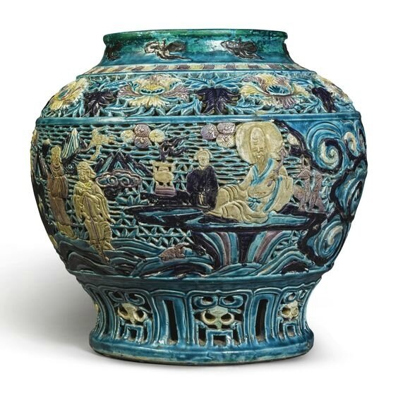 A molded and reticulated fahua jar, Ming dynasty (1368-1644)