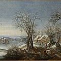 Denys van alsloot (malines, 1570 - bruxelles, 1670), paysage d'hiver avec des patineurs