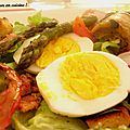 Salade printanière aux œufs durs, lardons et légumes grillés à la plancha