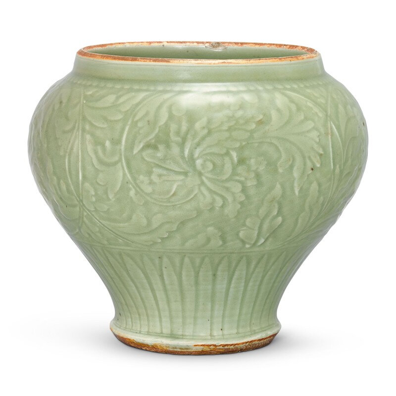 A Longquan celadon 'Floral' jar, Yuan-Early Ming dynasty