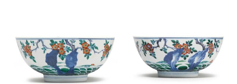 A pair of doucai 'Carp' bowls, Qing dynasty, Kangxi period