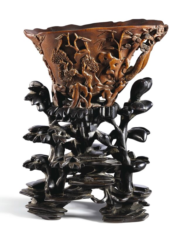 A rhinoceros horn 'Three friends' libation cup, 17th – 18th century