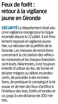2019 07 30 SO Feux de forêt retour à la vigilance jaune en Gironde