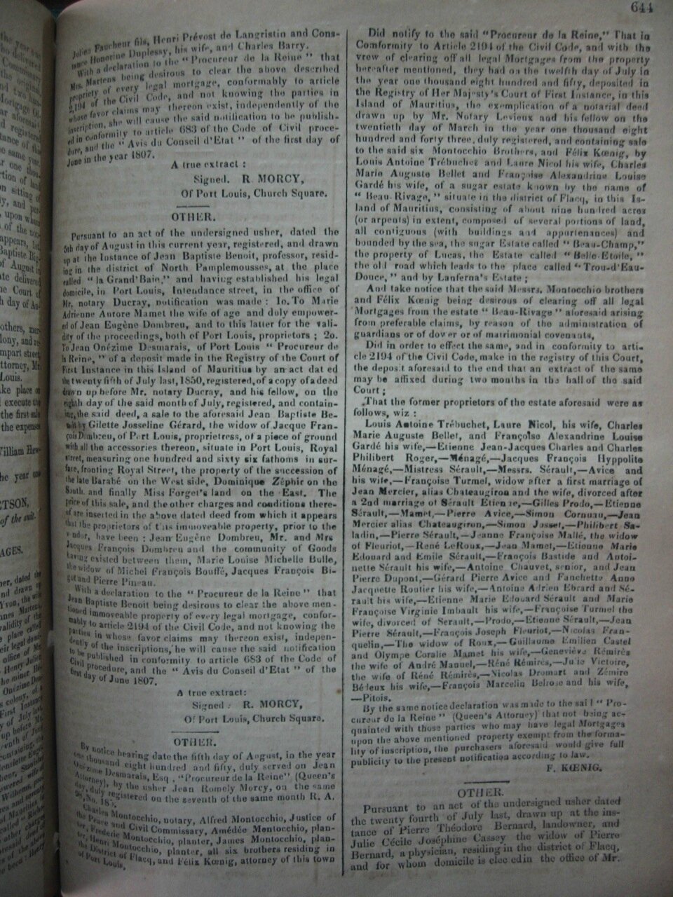 Les Freres MONTOCCHIO et Beau Rivage_Government Gazette 1850