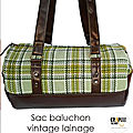 Sac baluchon original bowling vintage lainage carreaux vert / cuir synthétique marron chic pour homme / femme par crapule factory
