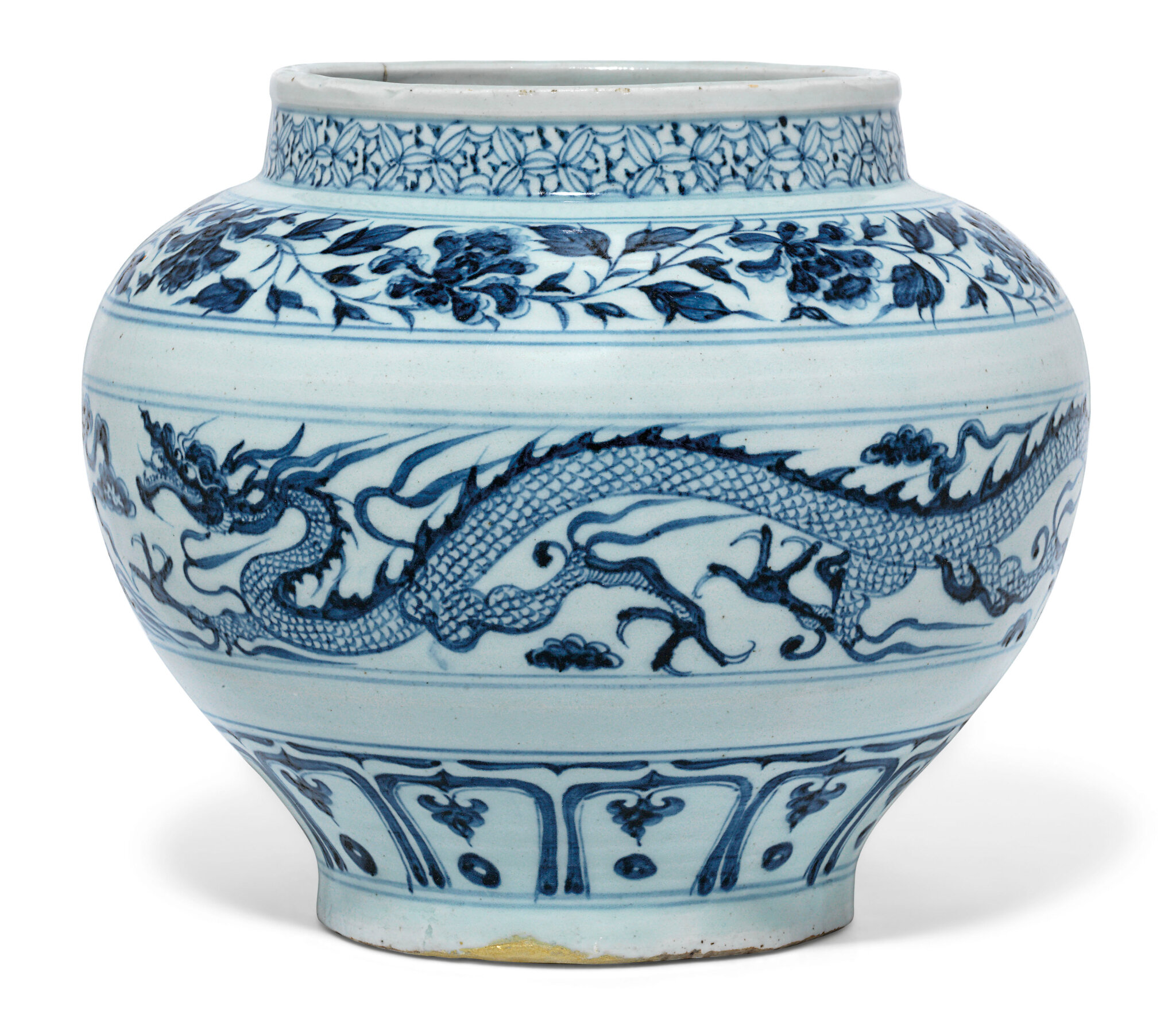 A rare blue and white 'dragon' jar, Yuan dynasty (1279-1368)