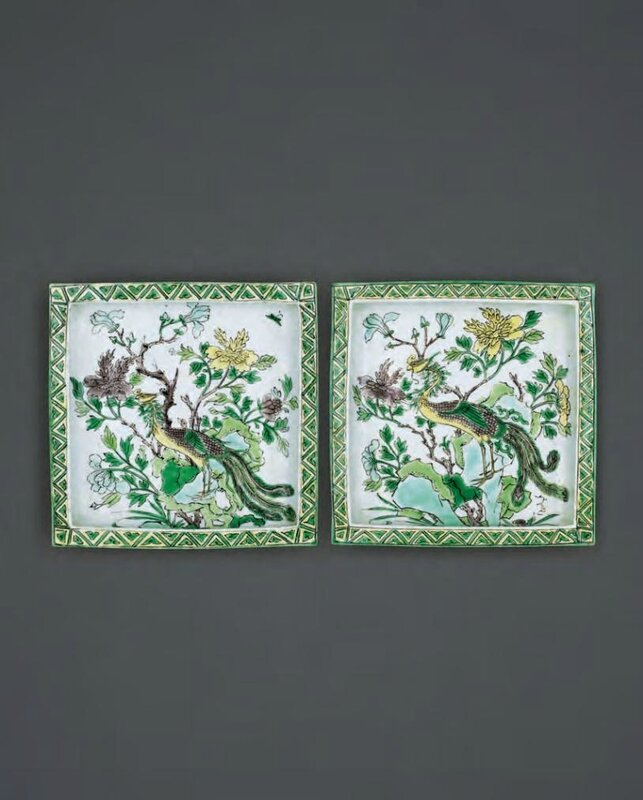 Pair of Chinese famille verte biscuit porcelain square trays, Early Kangxi period, circa 1680