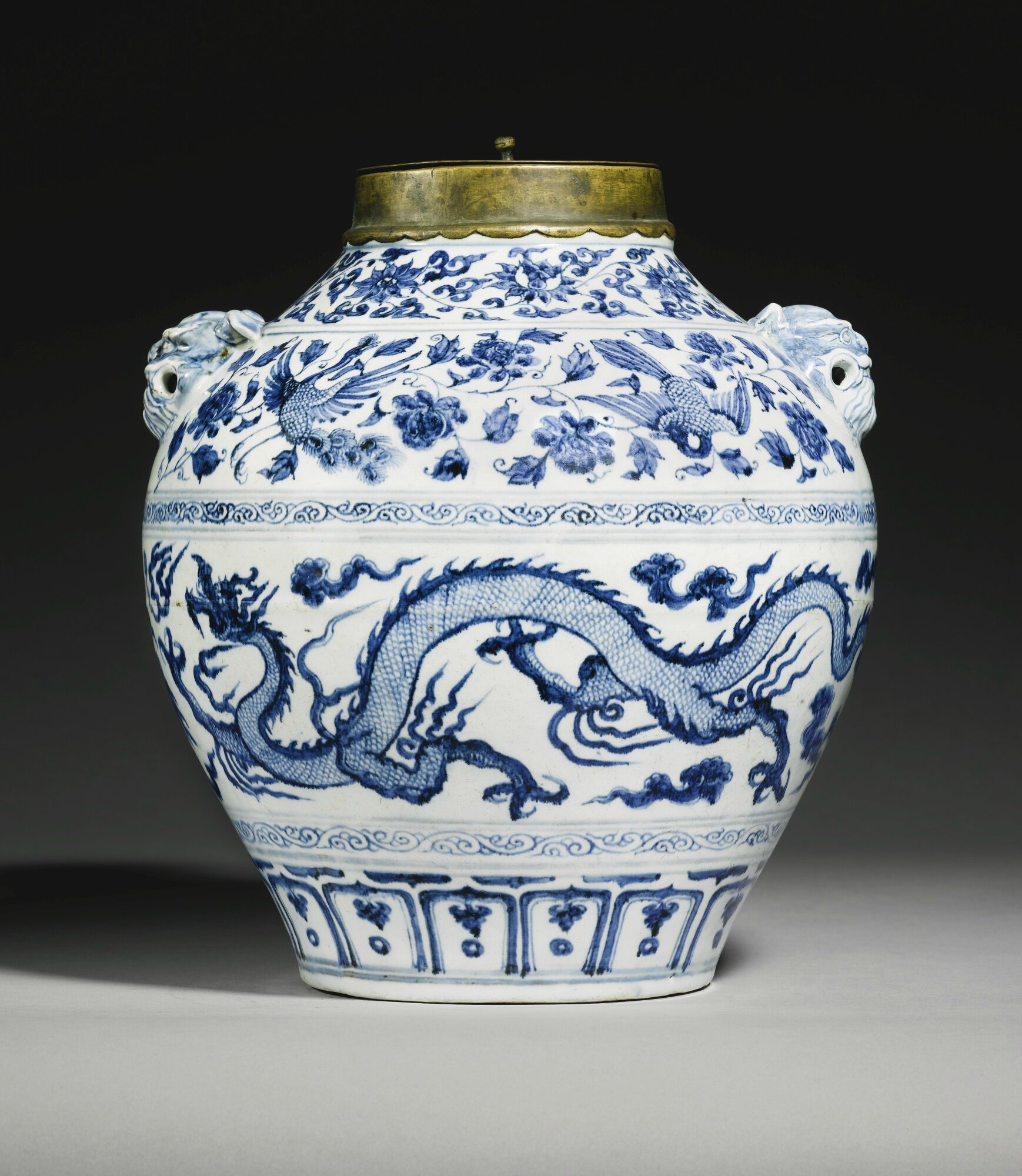 A magnificent and rare blue and white 'Dragon and Phoenix' jar, Yuan
