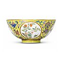 A fine yellow-ground famille rose 'medallion' bowl, shendetang zhi mark in iron red, daoguang period (1821-1850)