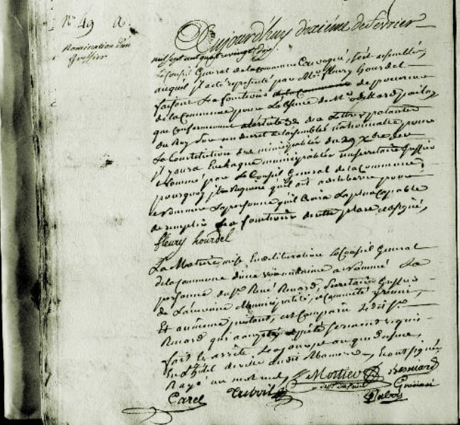 Le 10 février 1790 à Mamers : nomination d’un secrétaire-greffier et d’un bureau municipaux. 