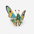 An enamel, emerald, ruby, diamond, platinum and 18k gold butterfly brooch, by mauboussin, paris 1965