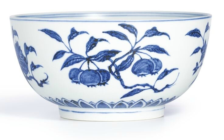 An extremely rare blue and white 'Fruit' bowl, Ming dynasty, Yongle period