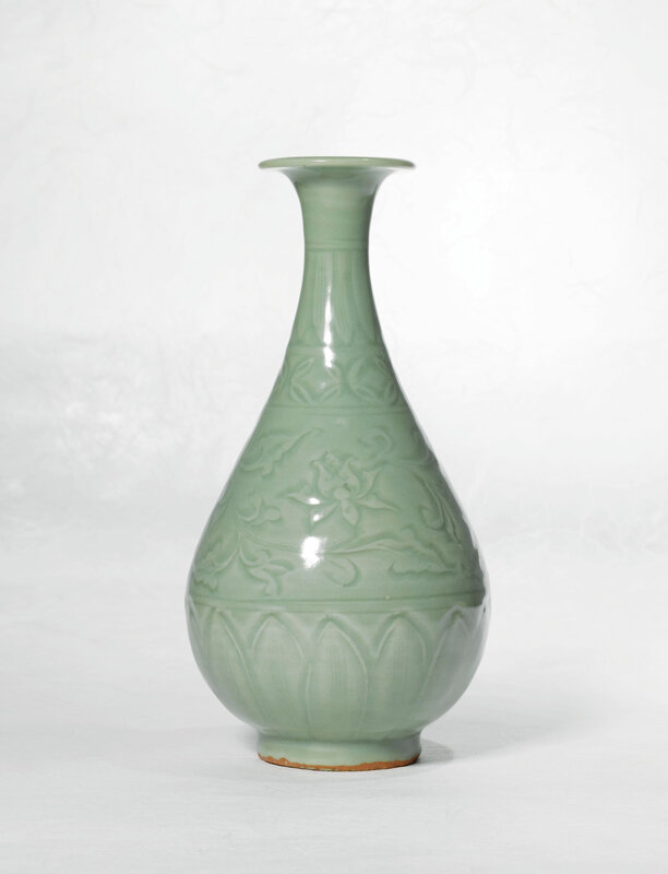 A fine carved 'Longquan' celadon vase (yuhuchun ping), Yuan dynasty