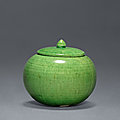 An apple-green-glazed globular jar and cover, Tang dynasty, 618-907