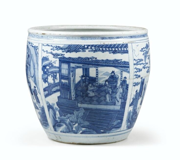 Grande vasque en porcelaine bleu blanc Dynastie Qing, époque Kangxi