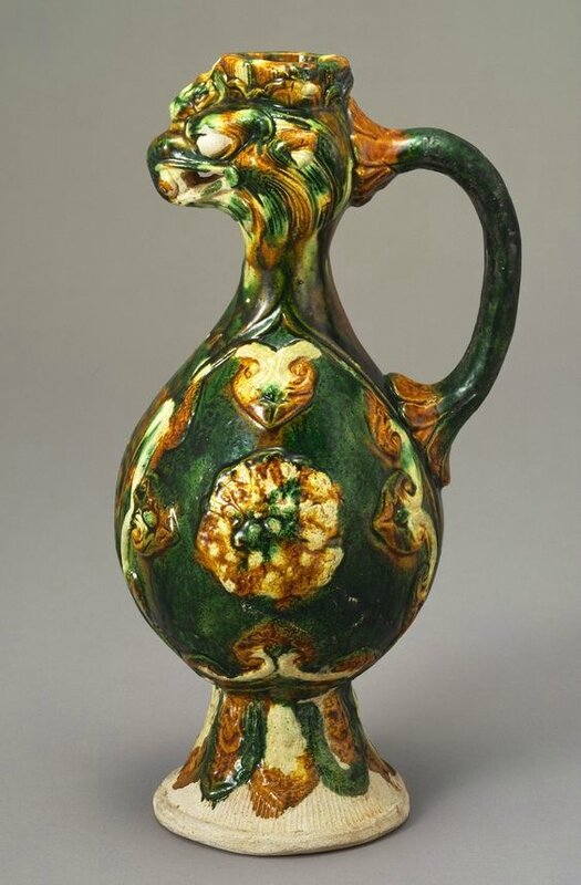 Ewer with Phoenix Head and Applied Medallions, Three-colour Glazes, Tang dynasty (618-907), H 28