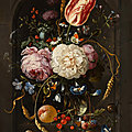 Jan davidsz. de heem, still life of flowers in a glass vase with insects and fruits in a stone niche