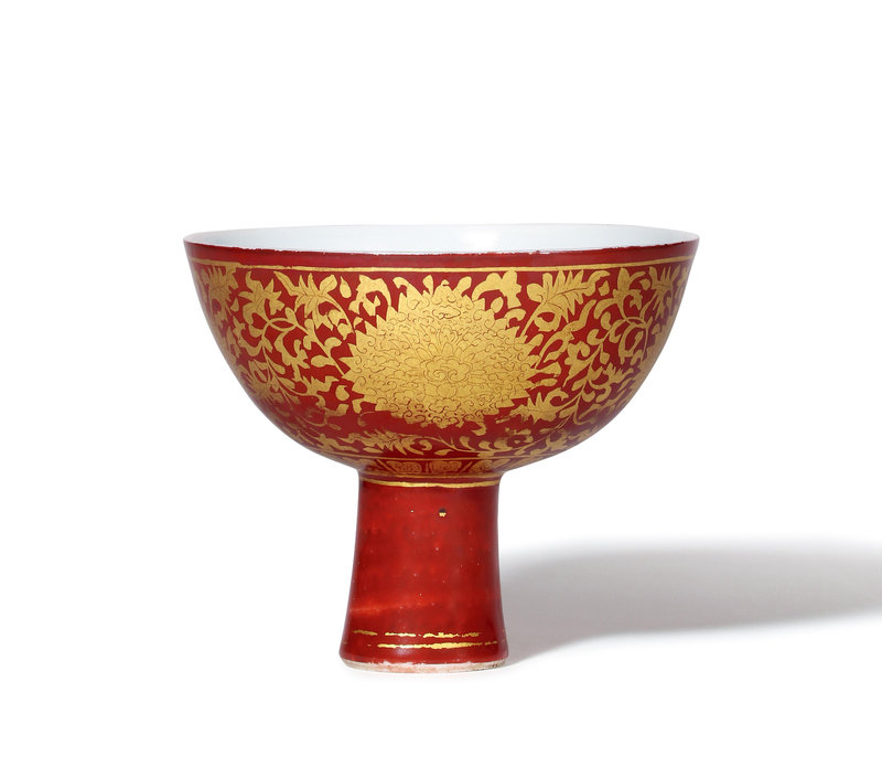 A Gilt-Decorated Iron-Red Glazed ‘Lotus’ Stem Bowl, Jiajing Period (1522-1566)