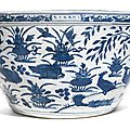 A large blue and white 'Mandarin Duck' fish bowl, Wanli mark and period