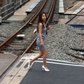 Crossing railroard girl