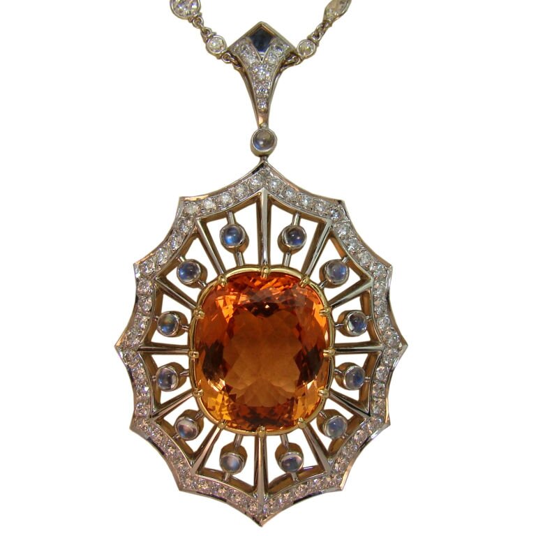 Imperial Topaz, Moonstone, & Diamond Pendant in Platinum Alain.R.Truong