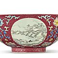 A ruby-ground famille rose sgraffiato 'medallion' bowl, daoguang seal mark and period (1821-1850)