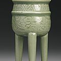 A rare and unusual 'longquan' celadon tripod censer, yuan dynasty