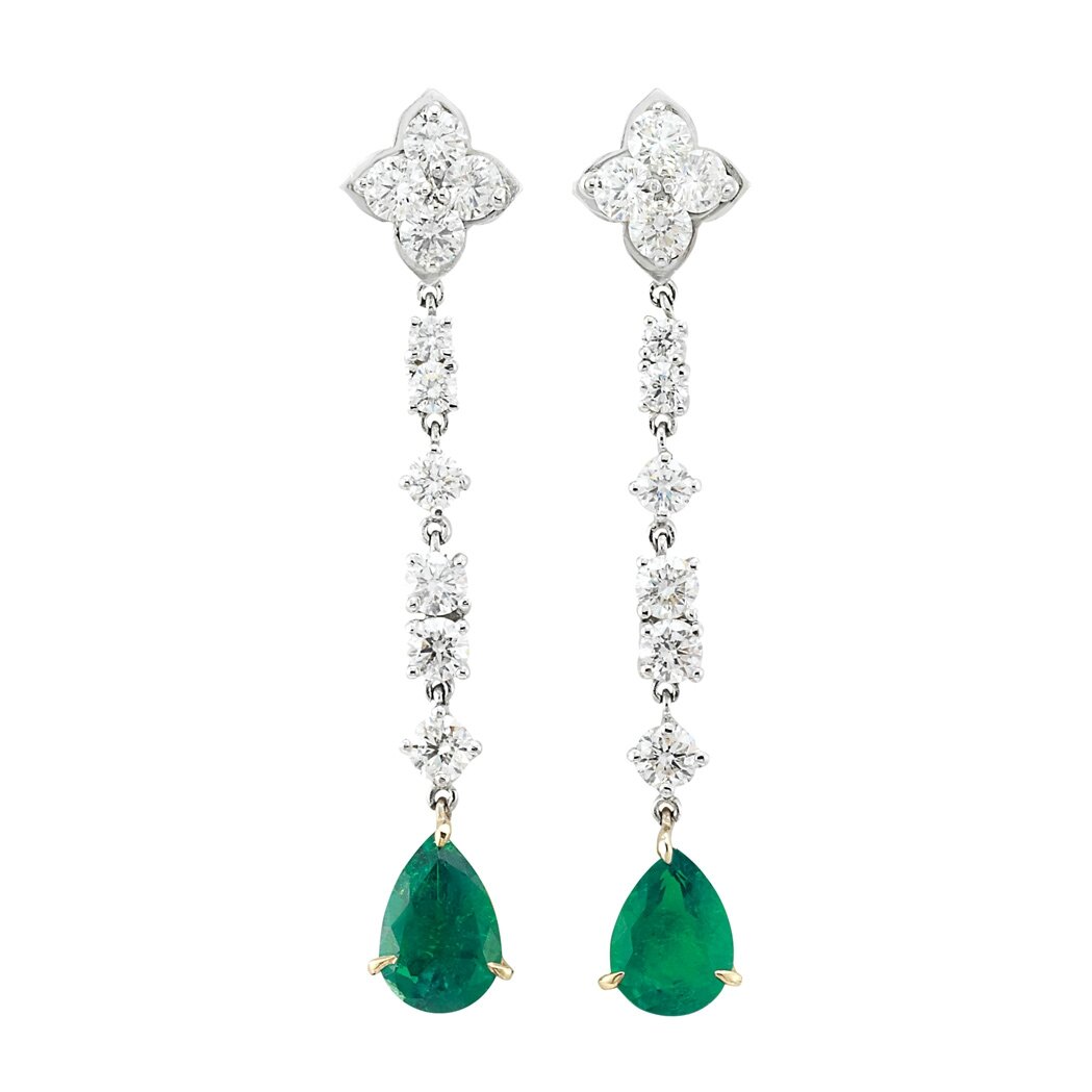 Pair of Platinum, Gold, Diamond and Emerald PendantEarrings Alain.R