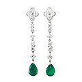 Pair of platinum, gold, diamond and emerald pendant-earrings
