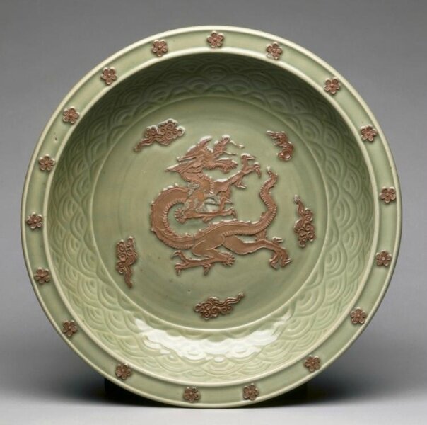Plate with Relief Dragon among Clouds, 1300s, China, Zhejiang province, Longquan region, Yuan dynasty