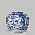 A chinese blue and white 'three friends of winter' jar, late ming dynasty