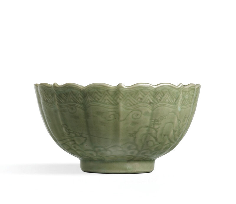 A fine Longquan celadon foliate bowl incised with figures, Ming Dynasty, mid-15th century