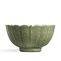 A fine longquan celadon foliate bowl incised with figures, ming dynasty, mid-15th century
