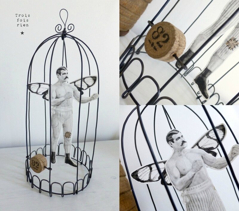 Drôle d'oiseaux N° 36, cage fil de fer, wire, fil de fer, papillon, strongman, trois fois rien (3)