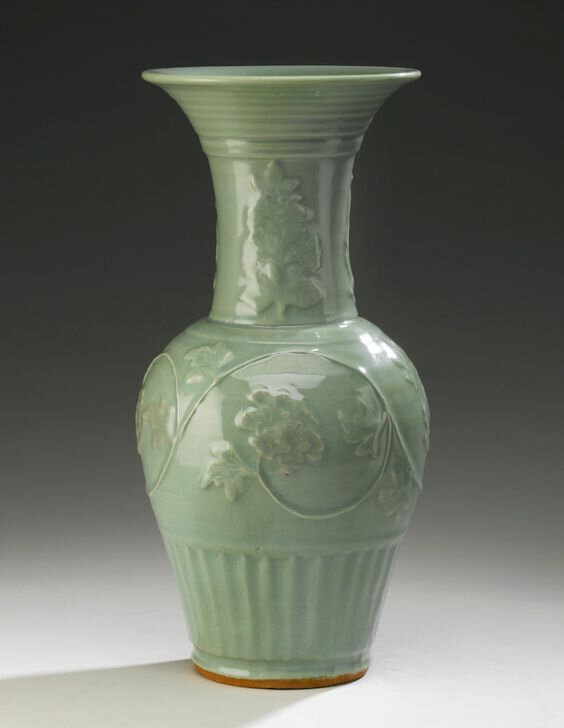A molded 'Longquan' celadon vase, Yuan dynasty