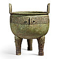 A large archaic bronze ritual food vessel, ding, shang dynasty, 13th-12th century bc