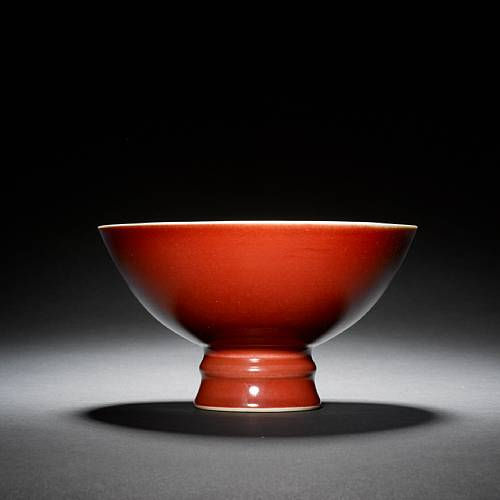 Qianlong copper-red glazed dish, copper-red glazed stem bowl & blue ...